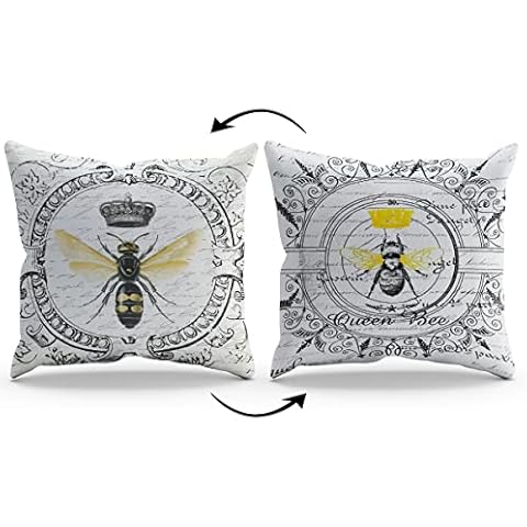 Vintage French Queen Bee with Crown Bee Reversible Throw Pillow Cover Pillowcase Farmhouse Bees Theme 18x18 Inch Decor for Home Bedroom Living Room Cover