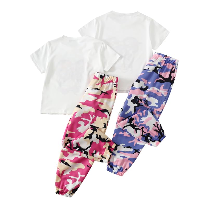 Image of Girls 4 Pieces Outfits Short Sleeve Printed Tee Tops and Pants Set 4-12Y