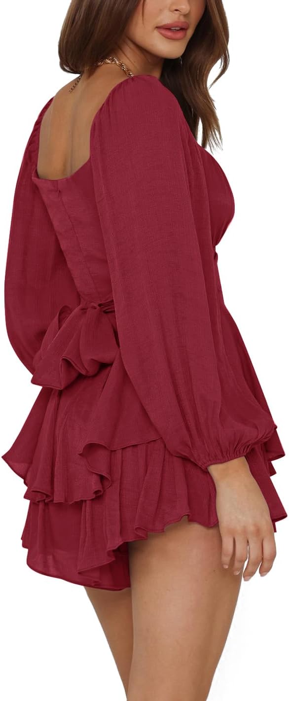 LYANER Women's Jumpsuit Lantern Long Sleeve Ruffle Layer Tie Mini Short Romper - Image 3