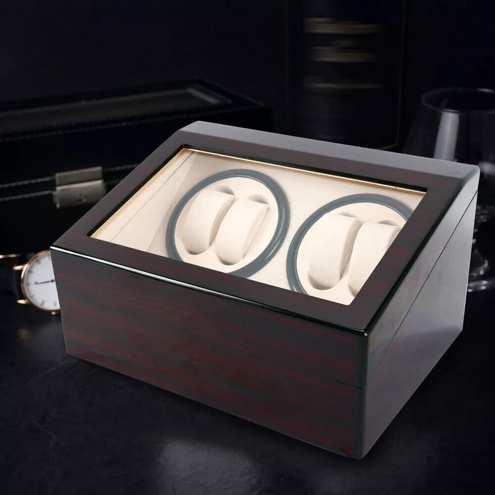 Scatola carica orologi automatica, 4 orologi + 6 spazi extra, in pelle PU, caricatore automatico per orologi automatico, per esterni in legno di sandalo e interni bianchi