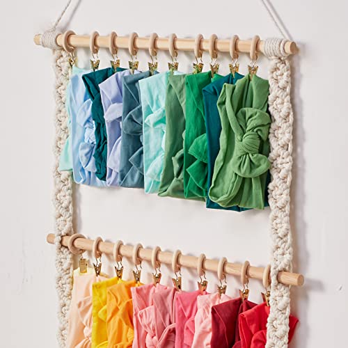 Mokof Bow Holder For Girls Hair Bows, Headband Organizer For Baby Girl, Macrame Bow Organizer For Boho Room Nursery Wall Decor (Beige, 4 Rods With 40 Clips) #TOP1
