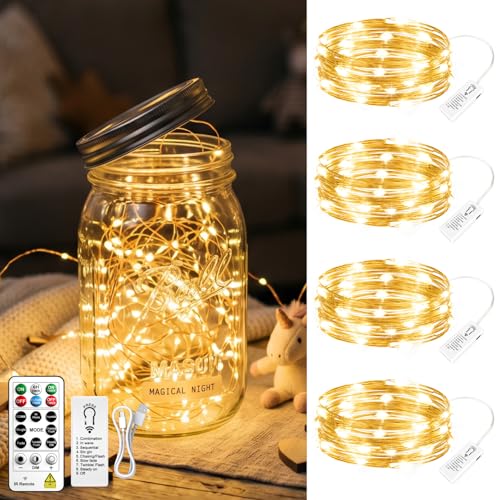 4-Pack Rechargeable Fairy Lights with Remote & DIY Timer 7Ft 20LED Mini Battery String Lights 8 Modes & Dimmable Twinkle Copper Wire Lights for Indoor Christmas Bedroom Wedding Decor (Warm White)
