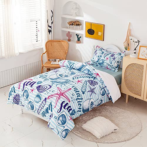 Lishjekee Ocean Shells Kids Duvet Cover Twin Summer Beach Bedding Set (1 Duvet Cover 2 Pillowcases) Seashell Starfish Comforter Cover Set For Boys Girls Teens Summer Vacation Bedding Set(No Comforter) #TOP2