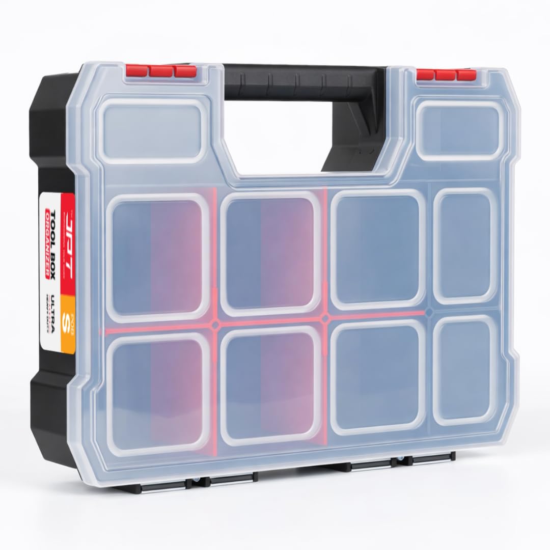 JPT Small Heavy Duty Tool Organizer Box | Plastic Storage Case with Transparent Lid, 10 Compartments & 6 Removable Dividers | Portable Screws & Hardware Organiser-image-23