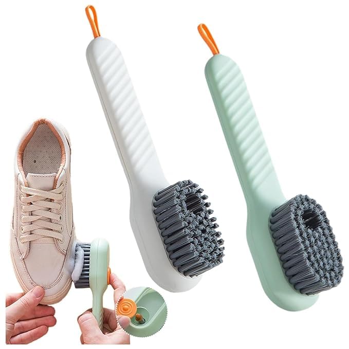 BRAGOS Multifunctional 2-in-1 Liquid Shoe Cleaning Brush with Built-in Soap Dispenser | Press-Type Liquid Box | Long Handle Shoe Cleaner Brush with Refillable Liquid | Durable Plastic | Pack of 1