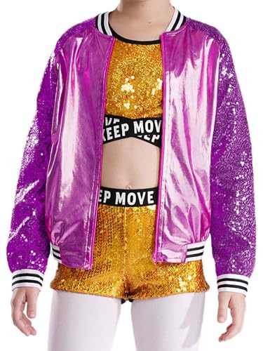 Aislor Kids Girls Sparkle Sequins Bomber Jacket Long Sleeve Hip Hop Jazz Modern Dance Coat Performance Tops Outerwear