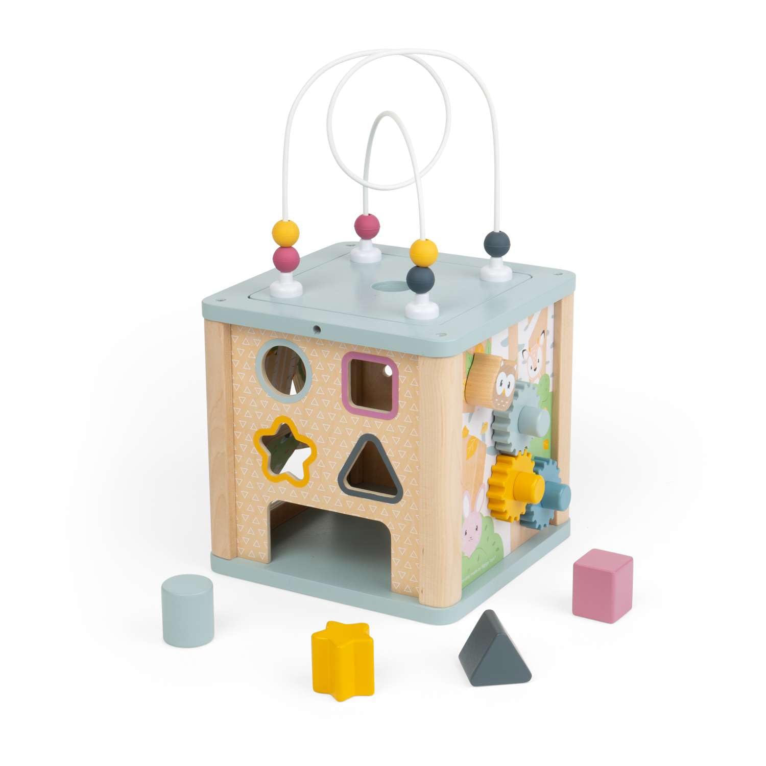 Bigjigs Toys Simply Scandi Activity Cube | Kids Montessori Wooden Toy | Bead Maze, Shape Sorter & Spinning Gears | Learning Centre for Toddlers | FSC Certified Wood | Gifts for Babies Age 12 Months+