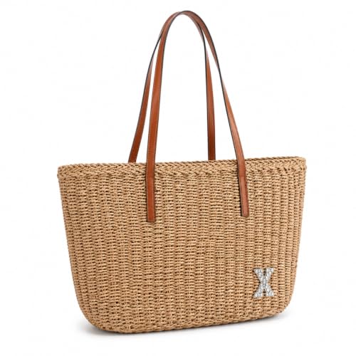 Image of YXILEE Straw Bags For Women | M Size Travel Straw Totes Bag Woven Summer Handmade Shoulder Bag Handbag