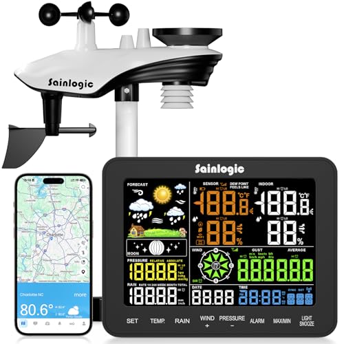Sainlogic Stazione Meteorologica Intelligente WiFi Senza Fili, Previsione Meteo IA 24/7 Weatherseed®, Allarme App/Email, Anemometro e Pluviometro Digitale, Archivio Dati di 2 Anni