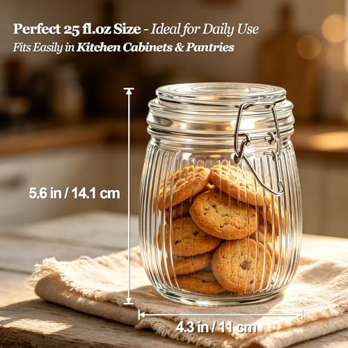 Image of ComSaf Ribbed Glass Mason Jars with Airtight Lids 25oz 6 Pack Sourdough | BPA-free food-grade glass, ribbed texture, wide mouth, flour & sugar, baking staples, sourdough starter, pantry canisters