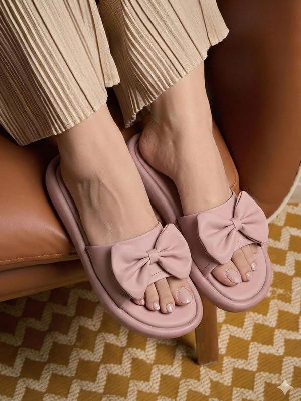 Image of FAUSTO Women Open Toe Bow Design Slip On Sliders | Extra Comfort Cushioned Insole Slippers | Classic Flat Sandals for All Day Long