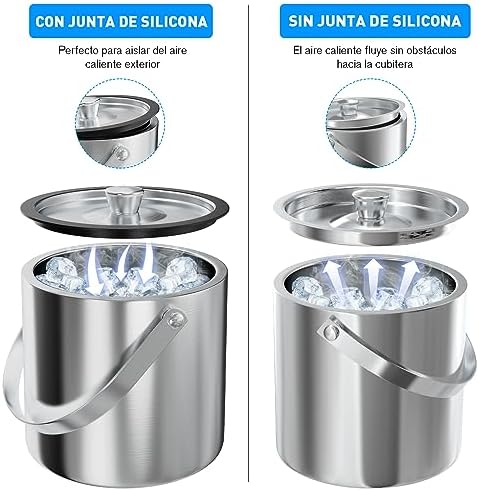 Ice Bucket with Silicone Lid and Tongs &Strainer -2L Small Double Wall Insulated Stainless Steel Ice Buckets -Wine Bucket for Parties and Cocktail Bar