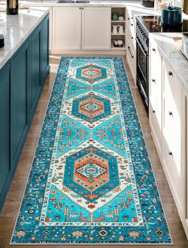 SERISSA Boho Washable Runner Rug, 2'6"x10' Rug Runner Non-Slip Vintage Blue Hallway Kitchen Runner Rug Ultra Soft Print Distressed Tribal Floor Carpet Runner for Bedroom Bathroom Laundry Room