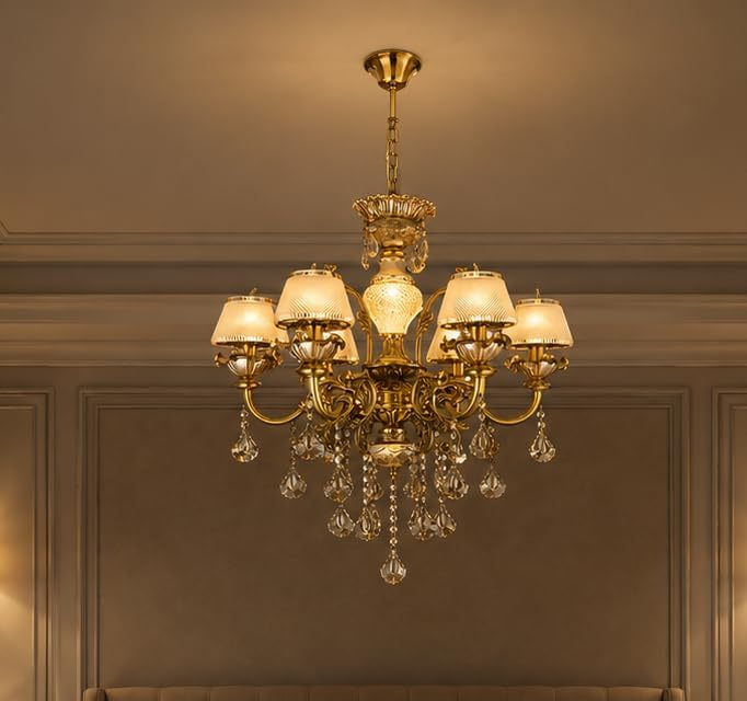 Image of Italian Chandelier Lamp, Antique Gold Finish, 6-Light Hanging Light with Six Big Head Decorative Crystals with Filament Bulb (Multicolor, 6 * 5W)(Corded Electric, Glass)