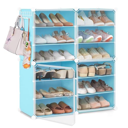 Image of ABOUT SPACE Plastic Shoe Stand with Hanger & Door for Home - Portable,Expandable 4 Cube Shoe Stand for Boots,Heels - DIY 24 Pair Flipflop,Slipper Stand for Women,Men,Outdoor (BlUE) 300 x 800 x 900 mm
