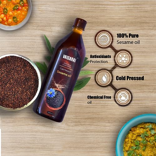 Image of VAIGARAI Wood Cold Pressed Sesame Oil 5 Litre (5L) | Kachi Ghani (Chekku) Gingelly /Till Oil for Cooking | Using Palm Jaggery /Panai Karuppatti on Extraction