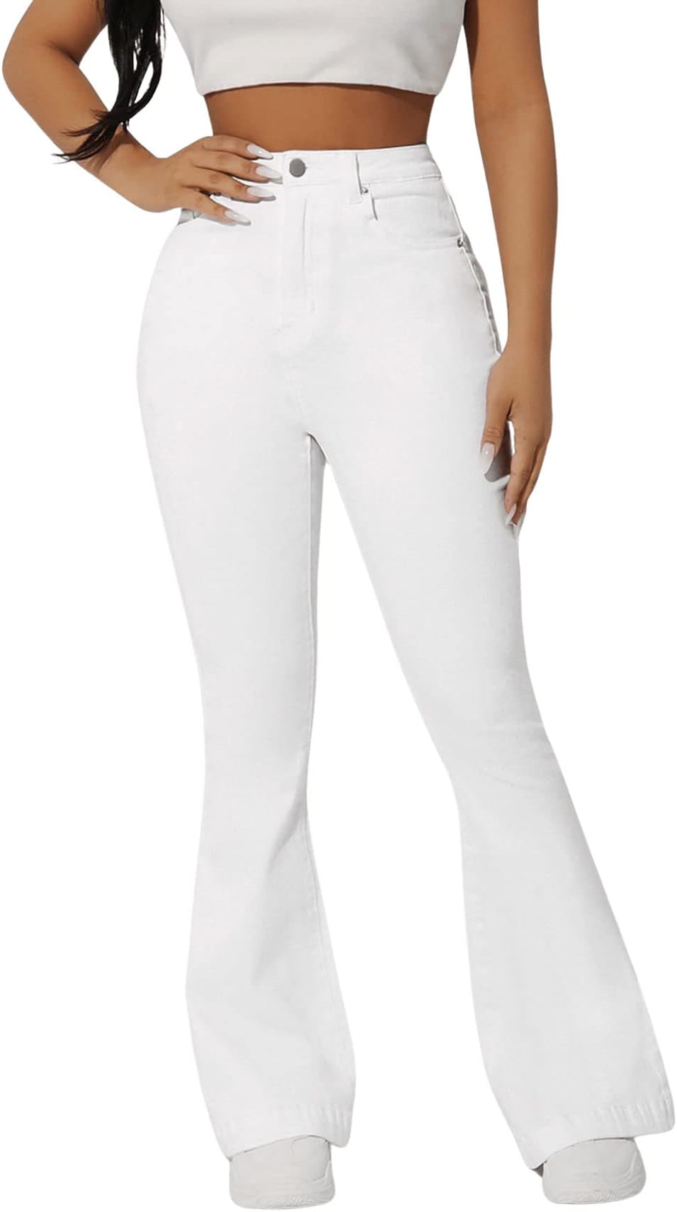 SweatyRocksWomen's Casual Denim Pants Heart Print High Waist Stretchy Bell Bottom Flared Jeans