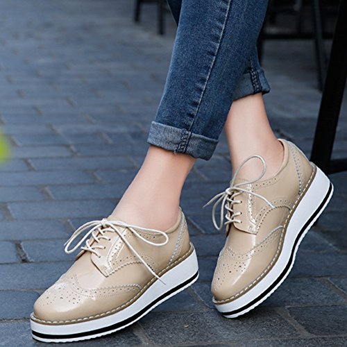 YING LAN Women's Platform Lace-Up Wingtips Square Toe Oxfords Shoe Apricot - Thumbnail 4
