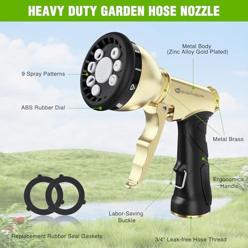 Yesker Garden Hose Nozzle, Water Hose Sprayer Nozzle Adjustable 9 Spray Patterns Heavy Duty Metal Water Nozzles for Hose Outdoor with Non-Slip Rubber Grip for Watering Plants Lawns Washing Cars Pets by Yesker - Image 3