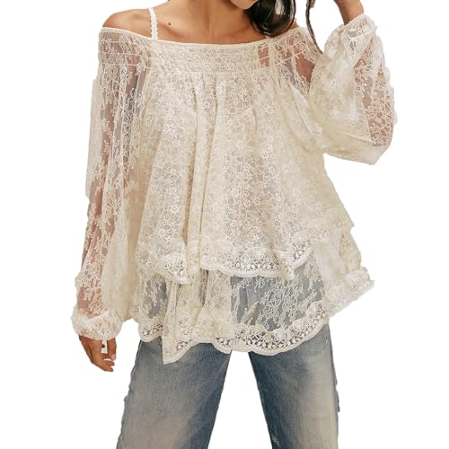 Women Sheer Lace Off The Shoulder Tops Lantern Long Sleeve Tiered Lacy Tops Loose See-Through Blouses