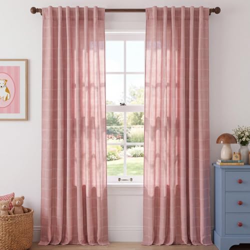 NICETOWN Light Filering Pink Linen Plaid Curtains for Girls 84 inches Long