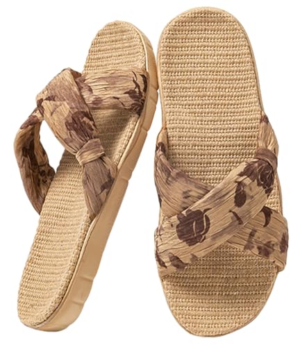 Women’s Linen Open Toe Slippers Fashion Cross Band Summer Beach Slide Sandals 2025 EVA Sole Slip On Bedroom Indoor Shoes