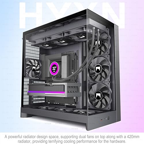 Image of H2 (2026) HYXN ATX PC Case, Pre-Installed 8 No ARGB Fans (6X140mm,2X120mm), Large Dual-Chamber ATX Mid-Tower Airflow Computer Case, Gaming PC Case, 420mm Radiator Support, Type-C 3.2 (Black)