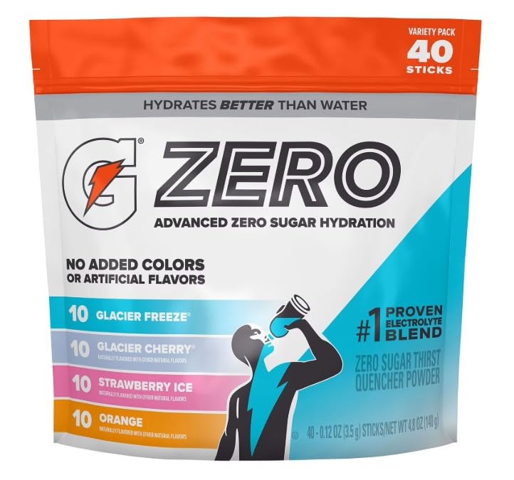G Zero Sugar Thirst Quencher Powder, (Pack Of 40) 10 Flavors Of Each (Glacier Freeze, Glacier Cherry, Strawberry Ice, Orange)