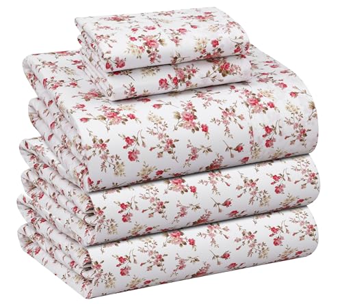 Image of RUVANTI 100% Cotton Percale Sheets Split King Size, Bouquet | Crisp Cooling, Deep Pocket 16 inch, Soft Breathable & Durable, Hotel-Style, 5 Piece Set