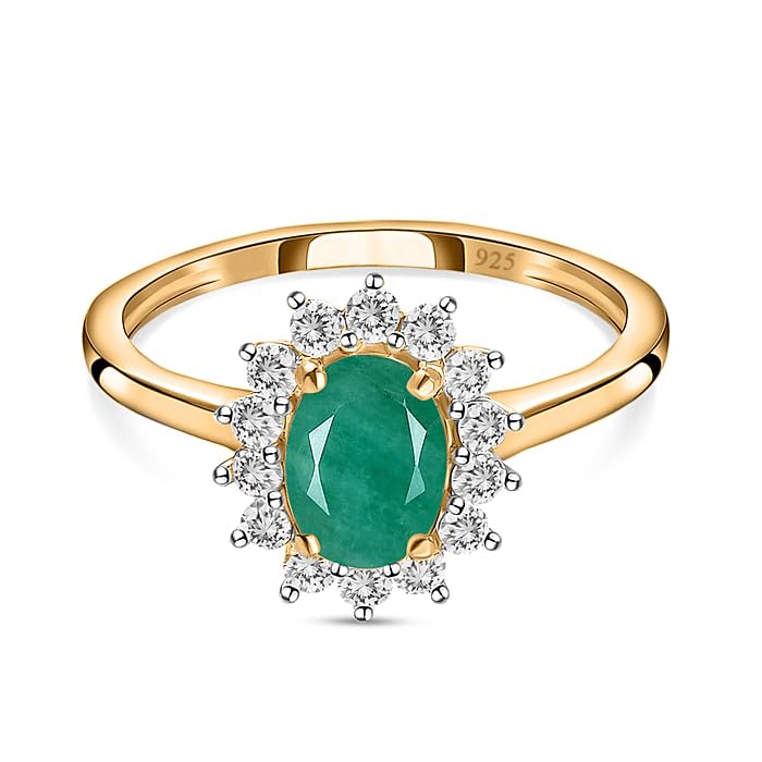 Image of Emerald May Birthstone Princess Diana Inspired Halo Ring in 18K Yellow Gold Vermeil Overlay Sterling Silver for Women | 12 Birthstones | Royal Radiance (GH0174E-Emerald Ring 16)
