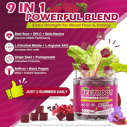 Image of Organic Beet Root Gummies with L-Citrulline & L-Arginine, Nitric Oxide Supplements for Men and Women, Grape Seed, Pomegranate, Saffron for Circulation, Vascular & Vitality, Vegan, Sugar Free, 120 Cts