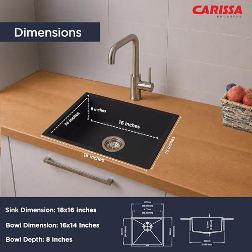 Image of Carissa By Carysil Titanium Quartz Kitchen Sink 18 x 16 x 8 inches, Single Bowl Granite Sink with 80% Quartz & 20% Resin, Heat Resistant 300C, 50kg Load Bearing, Stain Resistant - Z-Black