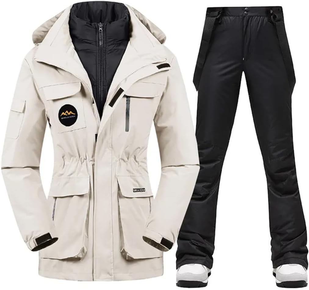 Women Winter Down Cotton Waterproof Snow Outfit Thermal Warm Snowboard Jackets And Strap Pants