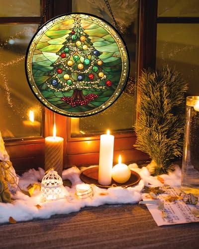 Image of DASTOLL Stained Glass Window Hanging - Green Christmas Tree Gold Ribbon Suncatcher for Doors Home Christmas Decoration Sun Catcher Thanksgiving New Year Birthday Gifts for Women Men Mom Nana 15 in