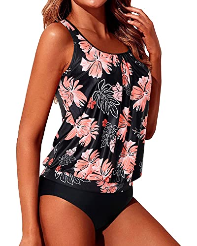 Image of Yonique Women Vintage Chevron 2 Piece Ruched Padded Tankini Set Flyaway Top With Triangle Brief Bottom Bathing Suit