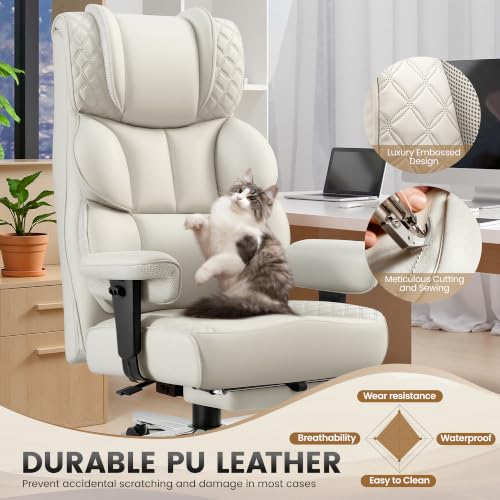 Image of BestGlory Office Desk Chair, Big and Tall Leather Gaming Chair with Footrest, Ergonomic Comfy Executive High-Back Reclining Computer Chairs, Wide Swivel Rolling Wheels and Padded Lumbar Support, White