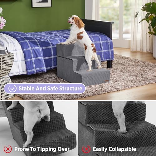 Image of Lesure Dog Stairs for Small Dogs and Cats 16.5 inch H x 18 inch W Extra Wide 3-Step Foldable Foam Pet Steps for Couch Sofa and Chairs with Supporting Board and Non-Slip Bottom, Grey