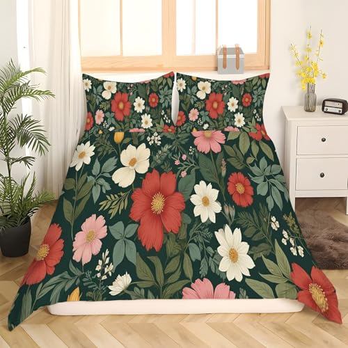 Housse de couette 200x200 fleurs rétro avec 2 taies d'oreiller en microfibre kK4354