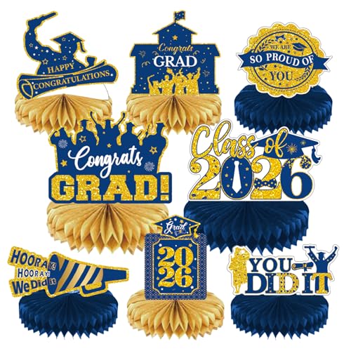 Image of 2026 Graduation Party Decorations - 8 Pcs Blue Gold Class of 2026 Graduation Party Table Decor Honeycomb Centerpieces for Tables Congratulate for 2026 Congrats Grad Party Supplies