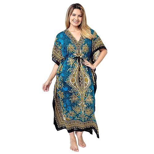 Vestido Kafta Indiano Longo Estampa Boho Plus Size (Azul)