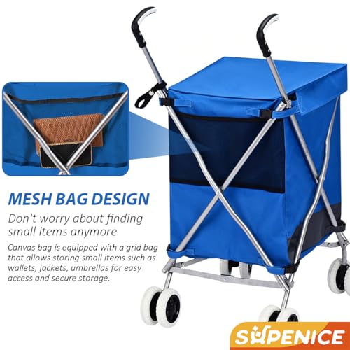 Image of Shopping Carts for Groceries Foldable Rolling Trolley with 360 Double Front Swivel Wheels Waterproof Removable Canvas Liner with Cover for Laundry Grocery, Baggage, Picnic
