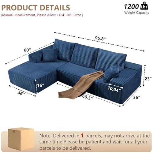 Image of Sectional Couches for Living Room Cloud Couch Sofa with L-Shape Couch in a Box Upholstered Boneless Couchs Modern Modular Sectional Couch with Chaise (Blue,B-3 Seater-Left-Facing Chaise-96 inch)