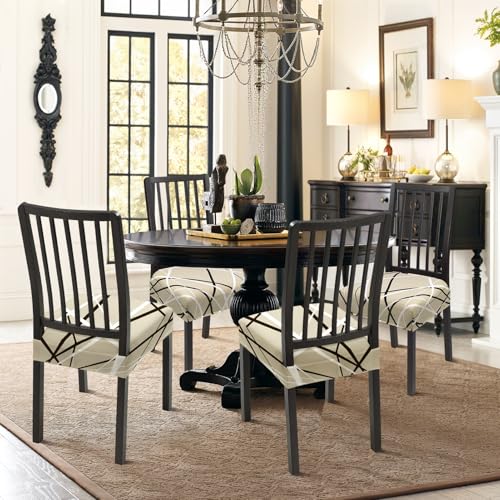 Image of SearchI Stretch Dining Chair Seat Covers Set of 4, Soft Removable Washable Seat Covers for Dining Chairs, Dining Room Seat Cover Slipcover Protector (Rear-Covered, Beige Stripe)