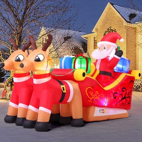 7.8Ft Christmas Inflatables Outdoor Decorations, Blow Up Santa Claus on Sleigh with 2 Reindeer Gift Box, Built in Rotating Colorful LED Lights for Xmas Indoor Party Yard Garden Lawn New Year Décor