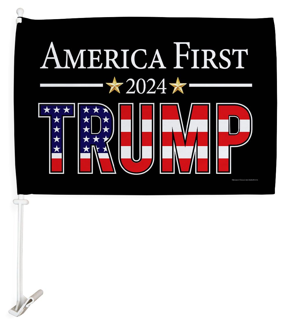 Ornament Collection America First Trump Flag for Car American Bandera para Carros Window Clip Pole Mount Kit 2024 Poster President 47 Auto MAGA Sign Outdoor Decorations, Republican Gift Made in USA