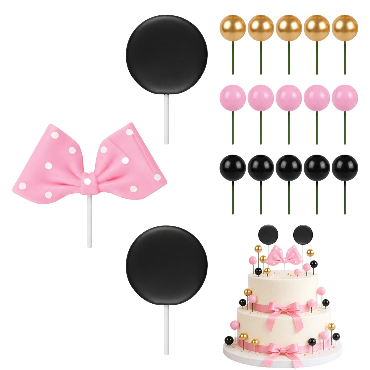 Zestaw 18 dekoracji tortów dla dziewcząt, bombki na ciasto, topper z różowymi uszami, dla dziewczynek, na urodziny, baby shower, dekoracja na imprezę urodzinową, dla dzieci, na imprezę, chrzest