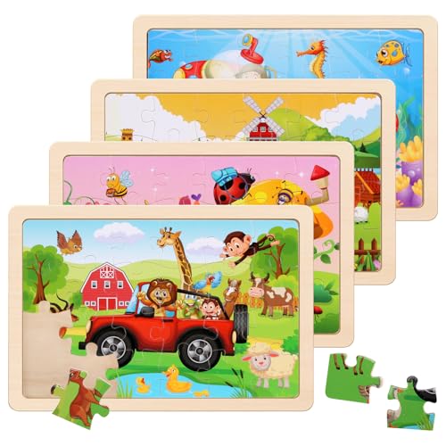 Wooden Puzzles Toys for Kids Ages 3-5, Set of 4 Packs Farm, Insects, Animals Theme Wood Jigsaw Puzzles, Preschool Educational Brain Teaser Toys for Boys and Girls 3-6 Years Old.