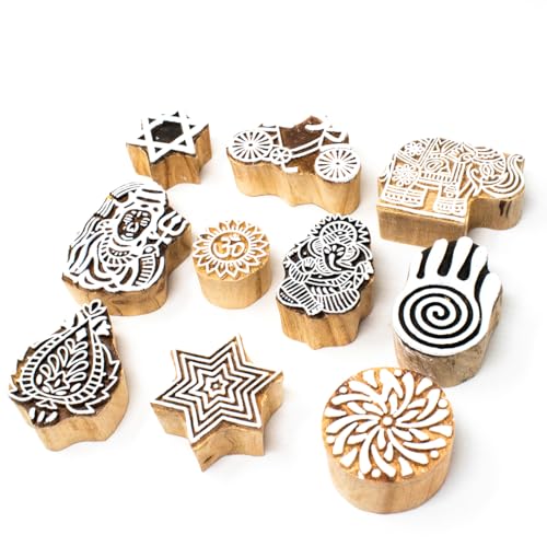 Image of Wooden Indian Traditional Design Printing Stamps /Blocks for Printing Saree Border /Dresses /Craft Card Making /Scrapbook /Clay Pottery (Set of 10)
