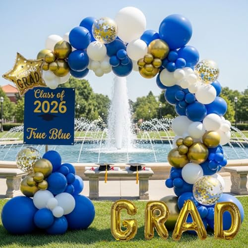 Graduation Balloon Arch Kit for Class of 2026 Blue White Gold 128pcs