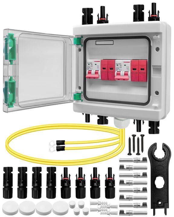 63 Amp Solar Disconnect Switch DC Breaker Box with Surge Protector, IP65 Waterproof 2P/1000V PV Combiner Box, Plug-and-Play Solar Panel Connector Kit with Transparent Cover